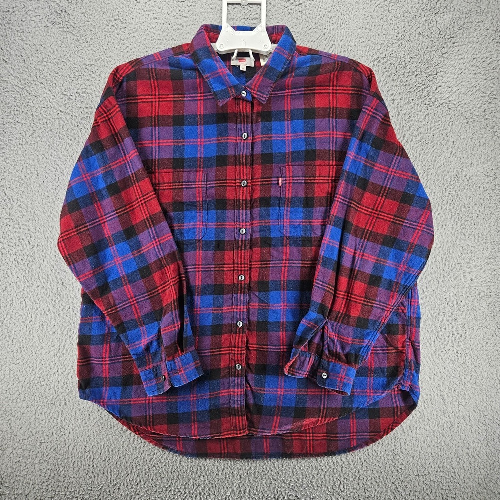 Levis Mens XL Red Blue Plaid Flannel Button Down Shirt Long Sleeve Cotton Blend